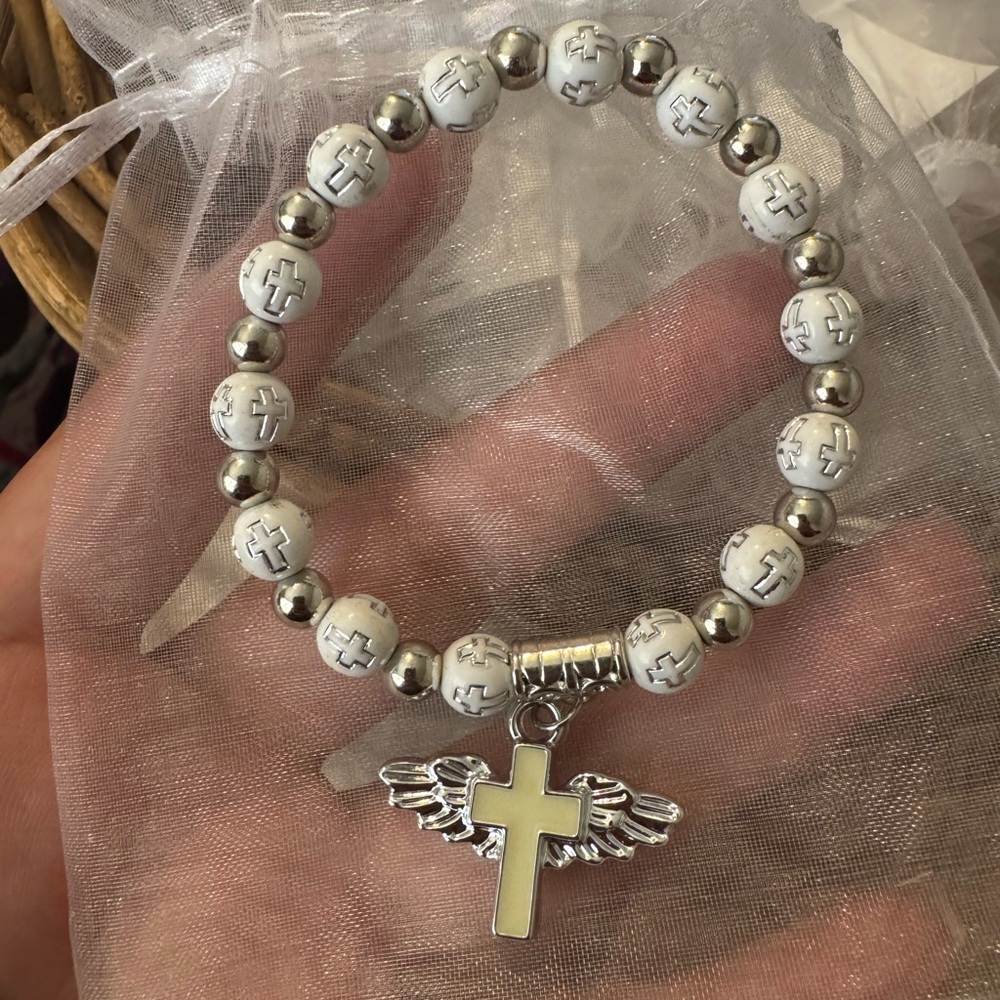 17 Angel Wing Cross Rosary Bracelets Cross Charms with Angel Wing Acrylic
